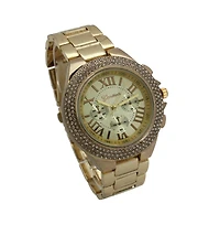 Gold Classy 3-Dial and Rhinestone Bezel Metal Watch