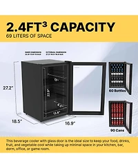 Premium 69 L Beverage Refrigerator 2.4 Cu. Ft. Freestanding Mini Fridge With Glass Door in White