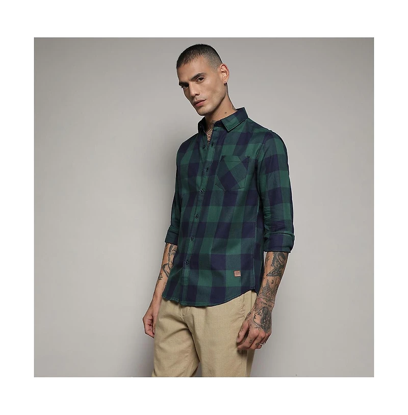 Campus Sutra Men's Navy Blue & Forest Green Buffalo Check Shirt