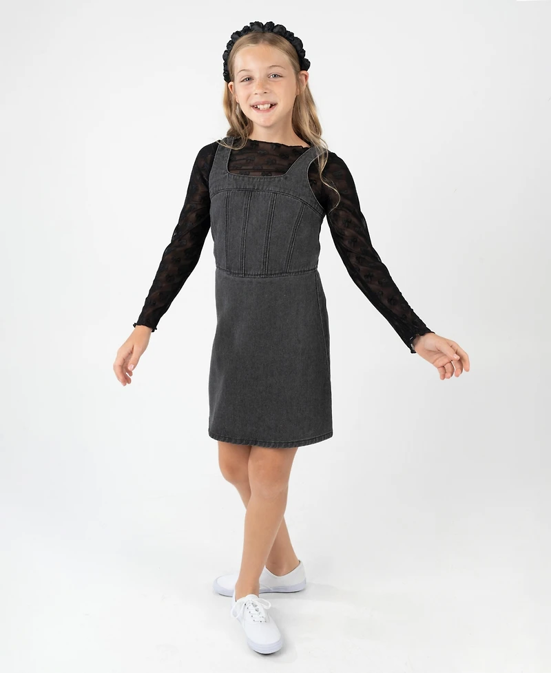 Rare Editions Girls 7-16 Mesh Long-Sleeve Top and Denim Jumper, 2-Piece Set