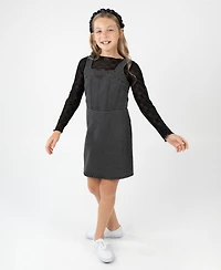 Rare Editions Girls 7-16 Mesh Long-Sleeve Top and Denim Jumper, 2-Piece Set