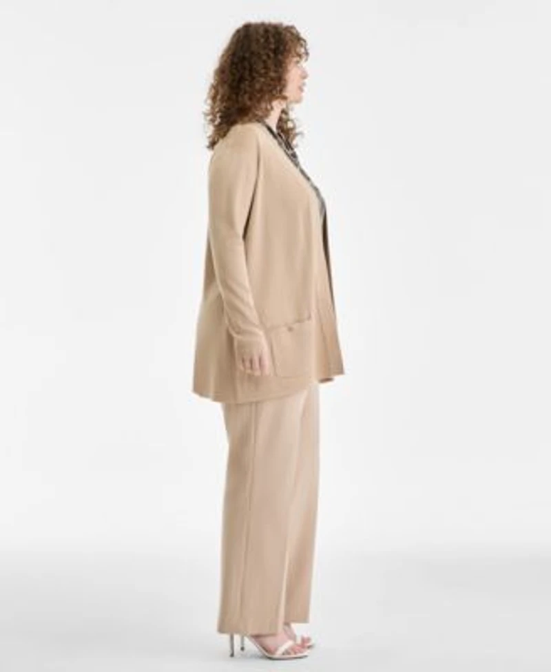 Anne Klein Plus Size Malibu Open Front Cardigan Printed Triple Pleat V Neck Blouse Mid Rise Pull On Straight Pants