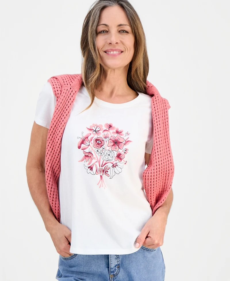 Style & Co Petite Love Flowers Perfect Crewneck T-Shirt, Macy's Exclusive