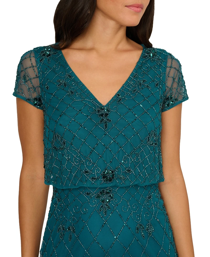 Adrianna Papell Petite Bead Blouson V-Neck Long Dress