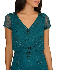 Adrianna Papell Petite Bead Blouson V-Neck Long Dress