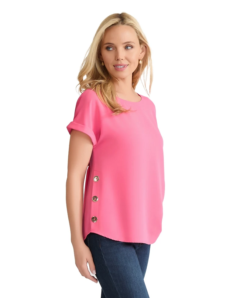Jones New York Petite Short-Sleeve Button Detail Top