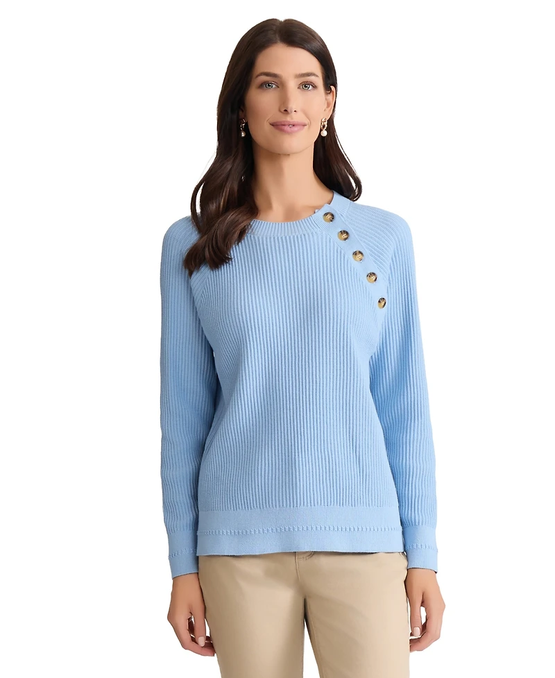Jones New York Petite Raglan Button Sleeve Crewneck Sweater