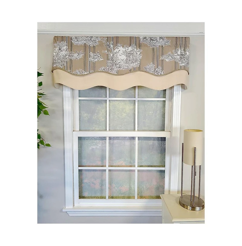 Rlf Home French Tableau Classic Toile Stripe and Solid Fabric Gimp Trim Ivory Lining No Header Glory Valance 50" X 16" Camel