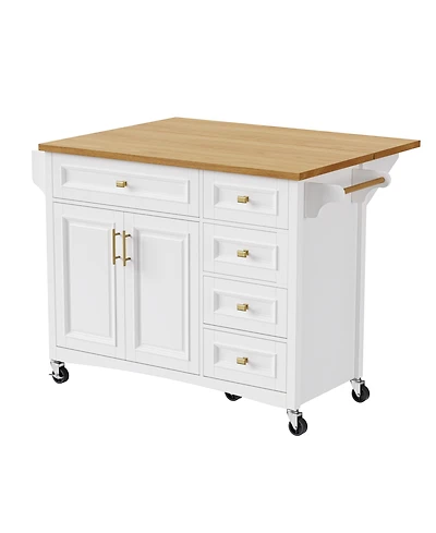 Casainc 52" Rolling Kitchen Island with Drop Leaf, Spice Rack, Towel Rack, 2 Doors, 5 Drawers, Adjustable Shelf (No Stools)