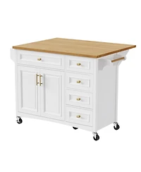 Casainc 52" Rolling Kitchen Island with Drop Leaf, Spice Rack, Towel Rack, 2 Doors, 5 Drawers, Adjustable Shelf (No Stools)