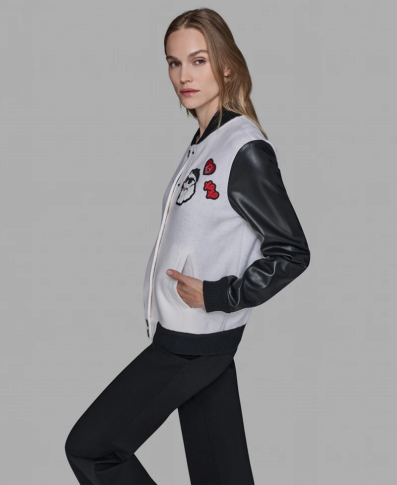 Karl Lagerfeld Paris Women's Choupette Knit Bomber Crewneck Jacket
