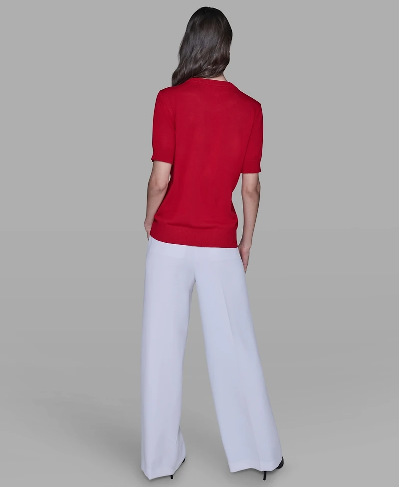 Karl Lagerfeld Paris Women's Short Sleeve Bow Applique Detail Sweater