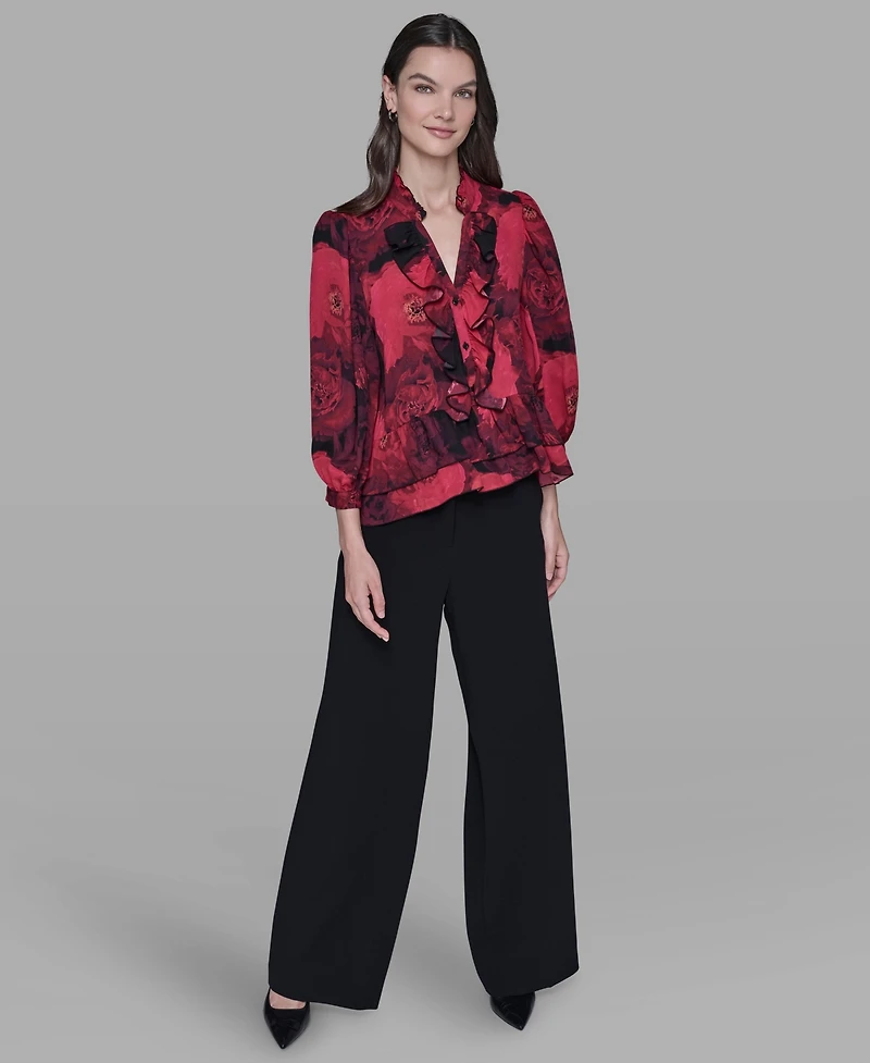 Karl Lagerfeld Paris Women's V-Neck Floral Print Ruffle Detail Top