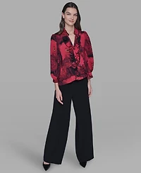 Karl Lagerfeld Paris Women's V-Neck Floral Print Ruffle Detail Top
