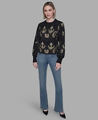 Karl Lagerfeld Paris Women's Baroque Floral Crewneck Sweater