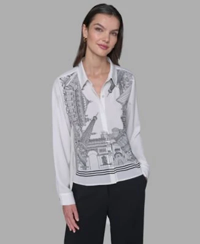 Karl Lagerfeld Paris Womens Placed Print Button Down Top