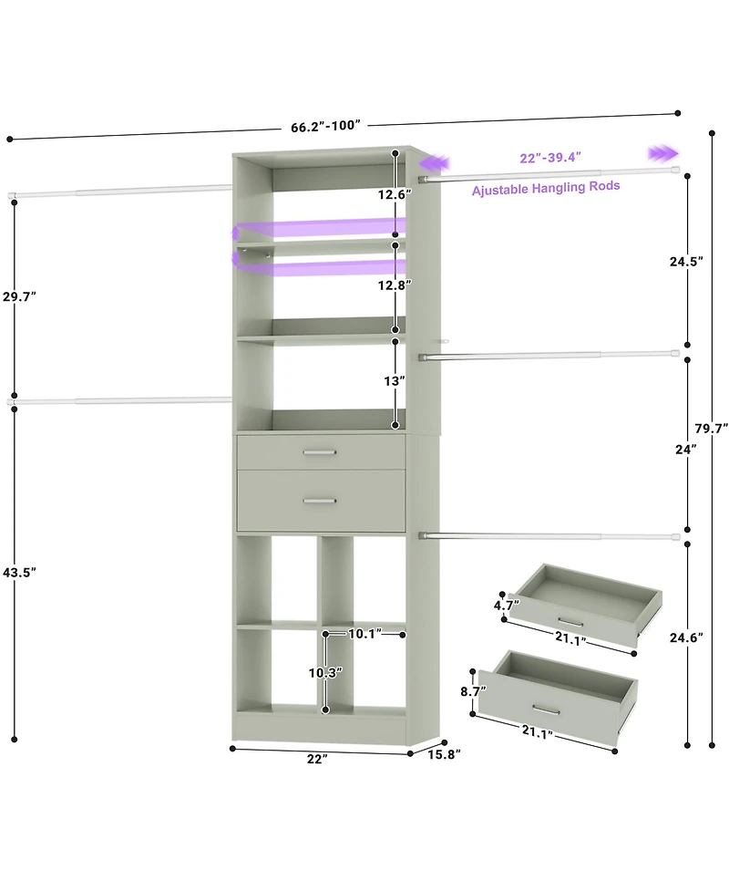 Aheaplus 4-8 Ft Walk-in Adjustable Closet Organizer System with 2 Drawers and 5 Rods