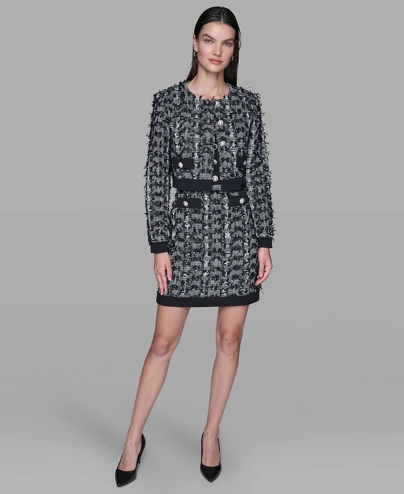 Karl Lagerfeld Paris Women's Cropped Tweed Button Front with Jacket