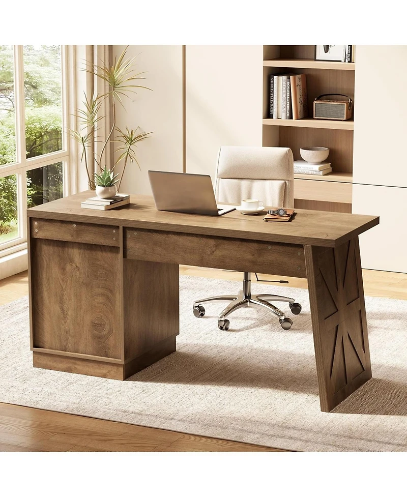 Tribesigns 59" Gaming Desk, Wooden Computer Desk with Drawers, Farmhouse Storage Workstation
