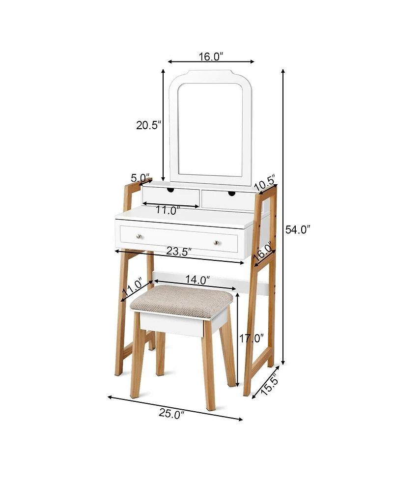Vanity Table Set with Cushioned Stool and Large Mirror