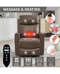 Genuine Leather Heat Massage Manual Recliner Chair with Rocker and Swivel for Living Room