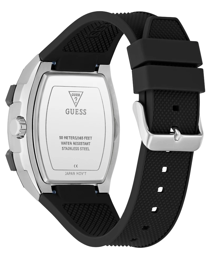 Guess Men's Silver-Tone Black Silicone Multi-Function Watch, 44mm