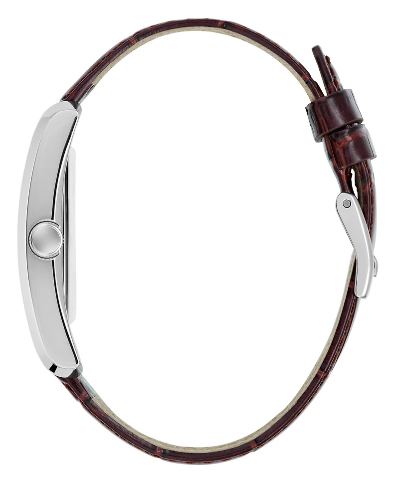 Guess Men's Silver-Tone Brown Leather Analog Watch, 34mm