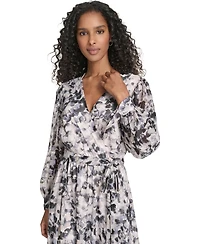 Calvin Klein Women's Printed Tie Sleeve V-Neck Dress