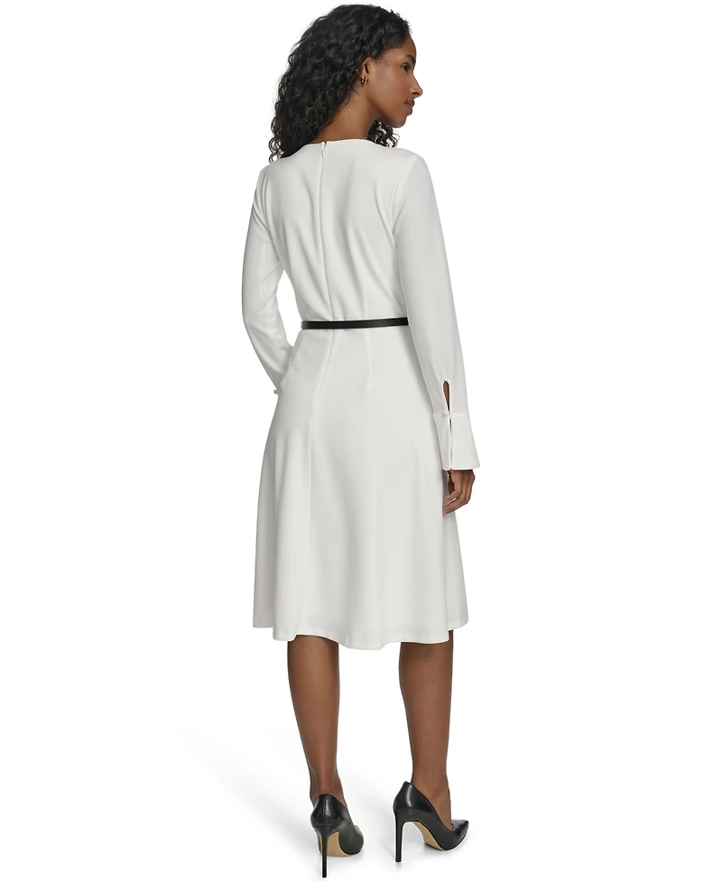 Calvin Klein Women's Belted Bell Sleeve Crewneck Dress