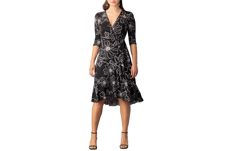 Kiyonna Women's Flirty Flounce Midi Wrap Dress with 3/4 Sleeves