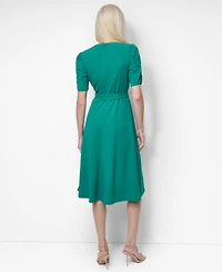 Dkny Women's Short Sleeve Scuba Crepe Belted Fit and Flare Midi Dress