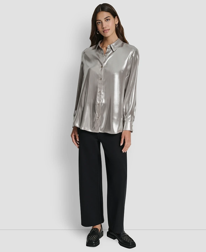 Dkny Jeans Petite Classic-Fit Button Front Long-Sleeve Blouse