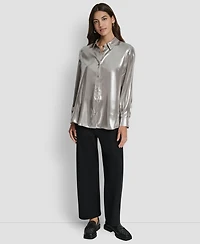 Dkny Jeans Petite Classic-Fit Button Front Long-Sleeve Blouse