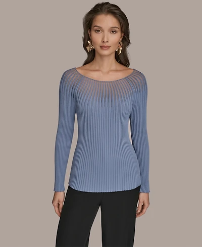 Donna Karan New York Women's Collared Knit Long Sleeve Boat Neck Sweater