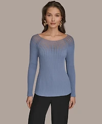 Donna Karan New York Women's Collared Knit Long Sleeve Boat Neck Sweater