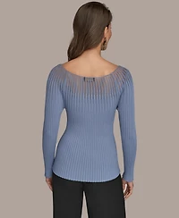 Donna Karan New York Women's Collared Knit Long Sleeve Boat Neck Sweater