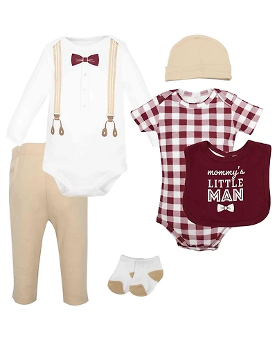 Hudson Baby Boys Cotton Layette Set, Burgundy Tan Suspenders, 9-12 Months
