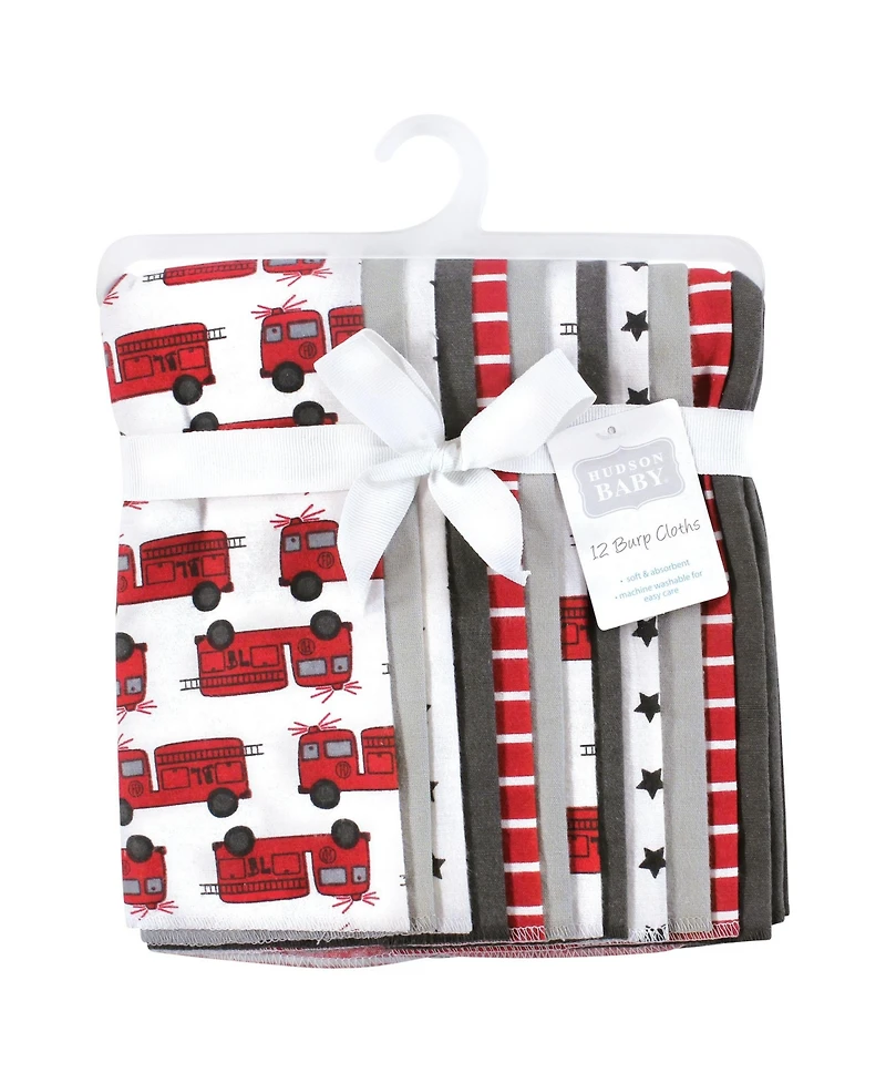 Hudson Baby Infant Boys Cotton Flannel Burp Cloths 12-Pack Bundle, Fire Truck, One Size
