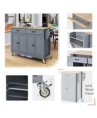 sumyeg 54.3inch Kitchen Island Cart with Solid Wood Top, Locking Wheels, 4-Door Cabinet, Two Drawers, Spice Rack and Towel Rack for Dining Room