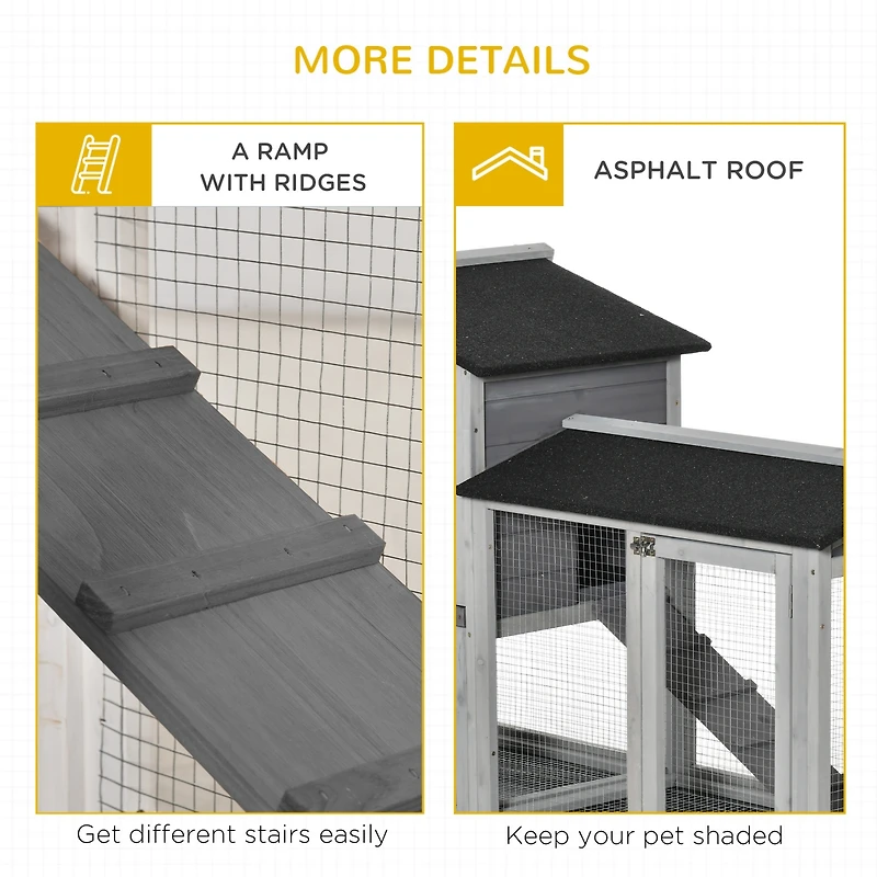 PawHut 62" Wooden Rabbit Hutch with Wheels, Run Box, No Leak Tray, and Ramp
