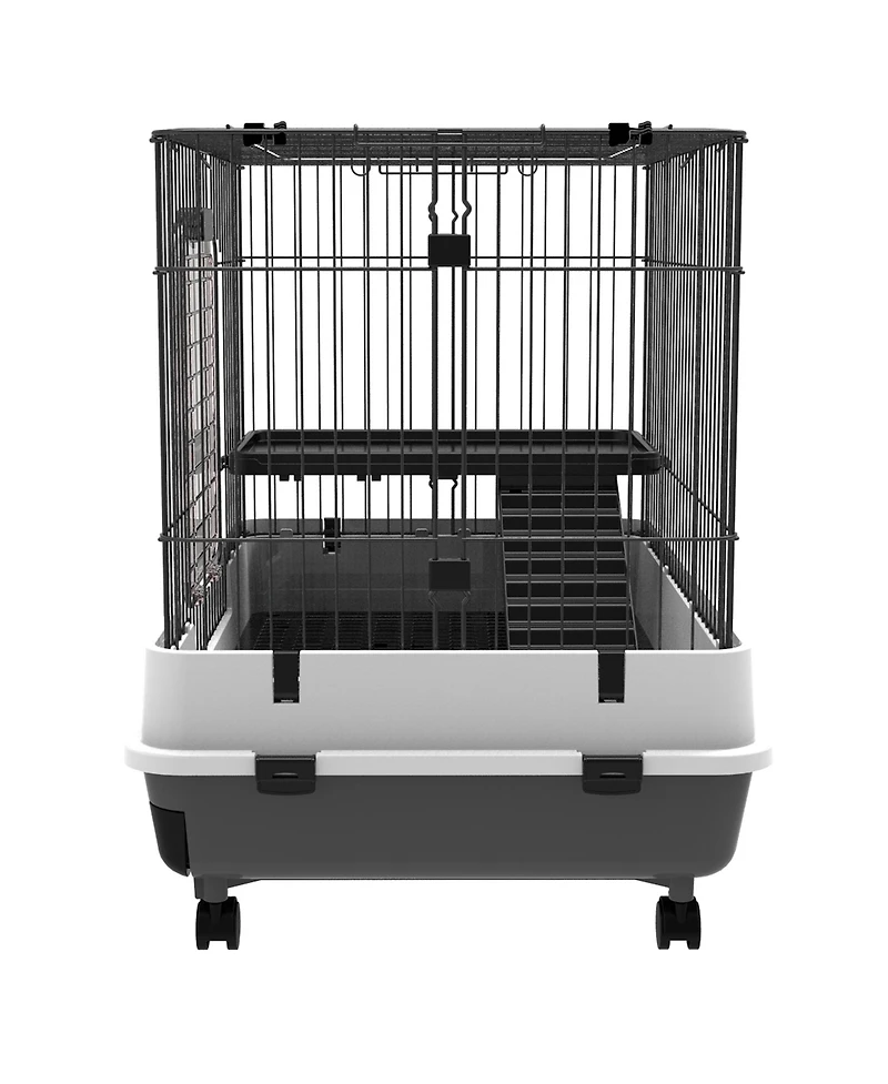 PawHut 2-Level Small Animal Cage with Wheels, Tray, Platform, Ramp,