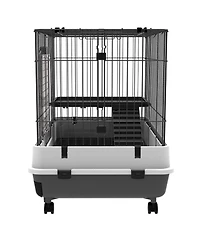 PawHut 2-Level Small Animal Cage with Wheels, Tray, Platform, Ramp,