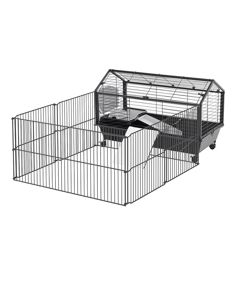 PawHut Small Animal Playpen Cage w/ Rolling Caster, Water Bottle, 35" L