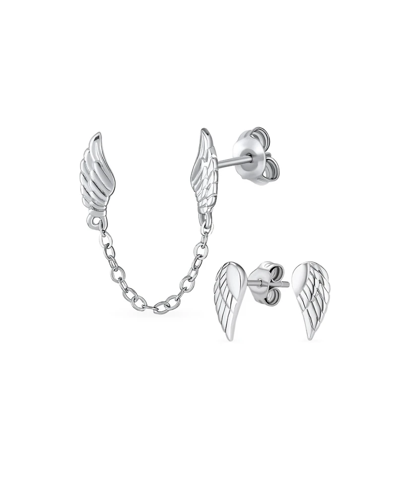 Bling Jewelry Set of 2 Angel Wing Feather Stud Earrings Chain Sterling Silver Double Piercing