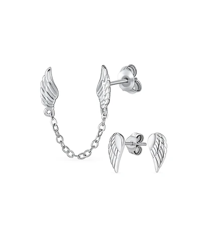 Bling Jewelry Set of 2 Angel Wing Feather Stud Earrings Chain Sterling Silver Double Piercing