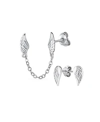 Bling Jewelry Set of 2 Angel Wing Feather Stud Earrings Chain Sterling Silver Double Piercing
