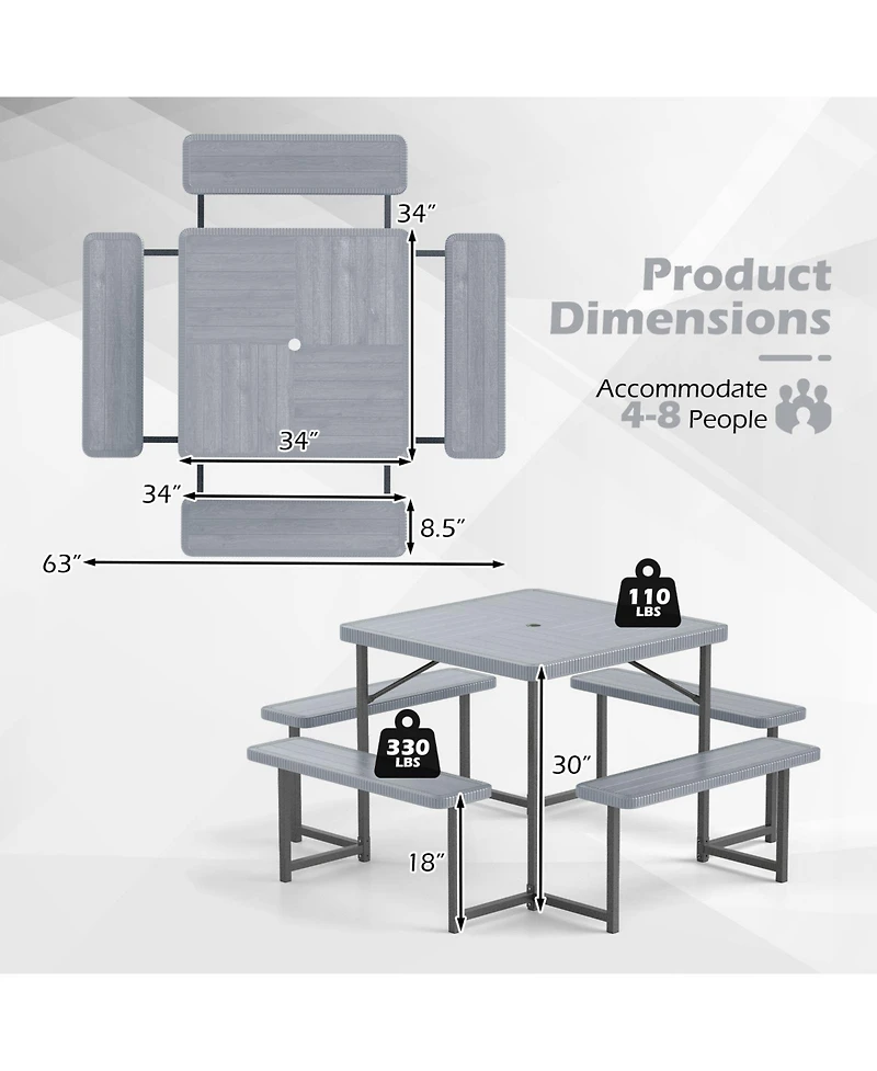 Outdoor Square Picnic Table Bench Set for 4-8 People with Umbrella Hole