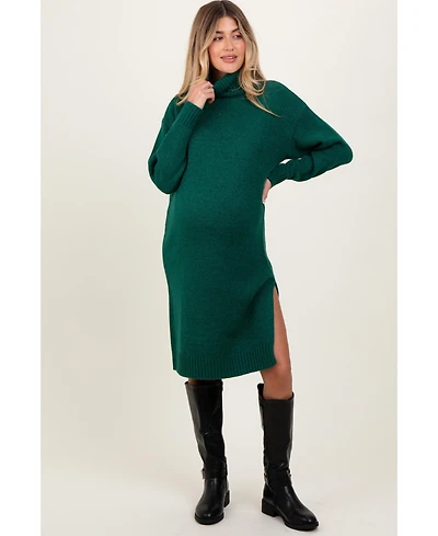 Pinkblush Maternity Camel Turtleneck Side Slit Midi Sweater Dress
