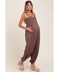 Pinkblush Maternity Mocha Smocked Button Front Shoulder Tie Jumpsuit