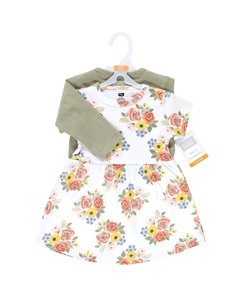 Hudson Baby Toddler Girls Cotton Dress and Cardigan Set, Golden Bouquet